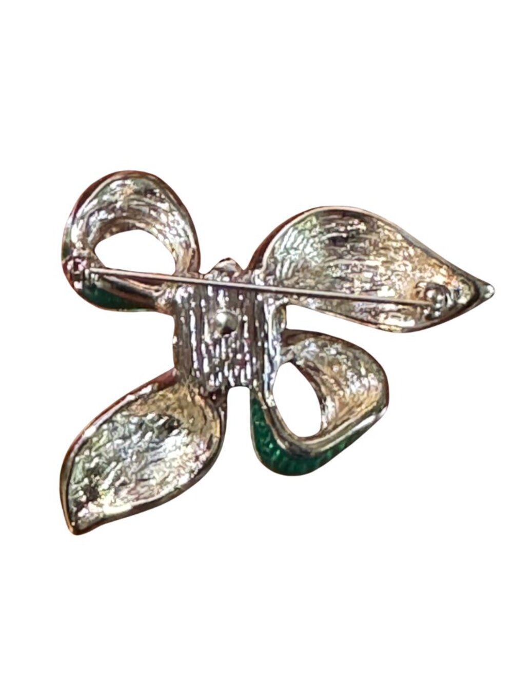 Vintage Green & Blue Guilloché Enamel Bow Brooch Gold Tone Rhinestone Pin - Picture 4 of 5